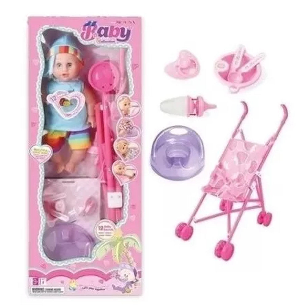 Muñeca Bebe + Coche Muñeca Y Accesorios